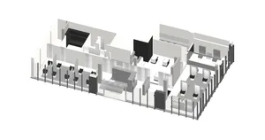 3D rendering of a hospital floor plan, predominantly in white and black colors.