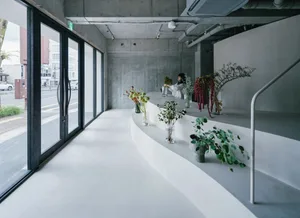 A modern floral shop featuring concrete and glass materials with flowers and plants.