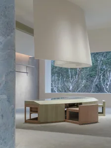 Modern interior with wooden furniture and glass walls
