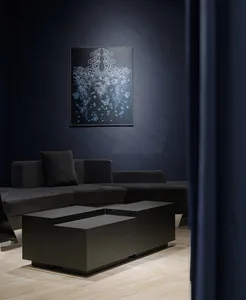 Modern living room featuring a dark grey sofa, a wooden coffee table, and a framed artwork on the dark blue wall.