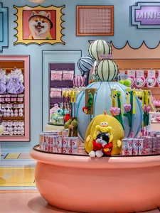 A vibrant and colorful pet shop interior with various products and decorations.