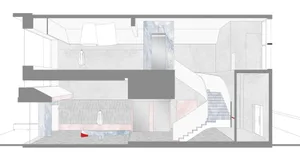 A modern retail space with concrete walls and marble accents.