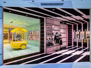 A modern retail storefront featuring a vibrant and colorful interior design.