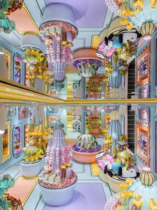 A playful, pastel-themed store interior filled with colorful toys and decorations.