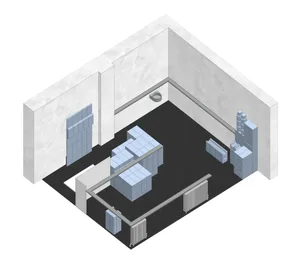 A rendering of an industrial laboratory with metallic structures and technical equipment.