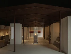 極簡博物館展覽展示，搭配玻璃層架、混凝土牆面與木樑。