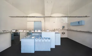 Modern store interior with blue concrete elements