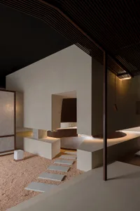 A modern minimalist interior with concrete and wooden elements, featuring a minimalist design with a focus on simplicity and 