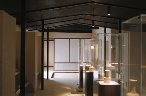 A modern interior design featuring a glass display case in a museum exhibit setting.