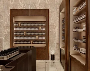 Modern retail store with wooden shelves and marble wall tiles