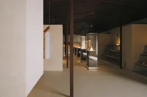 A minimalist glass display case in an interior design setting.