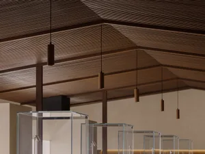 Minimalist interior design featuring a wooden ceiling with horizontal slats.