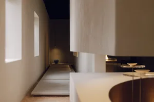 Interior view of a minimalist residential corridor with concrete floor and walls, featuring a single vase on a shelf.