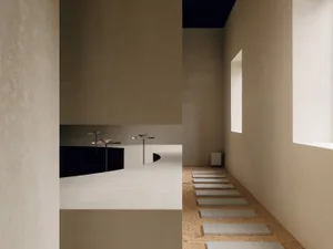 Stone steps leading into a minimalist architecture space