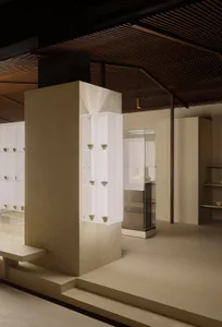 Modern, white, glass display cabinets showcasing museum artifacts in a minimalist exhibition space.