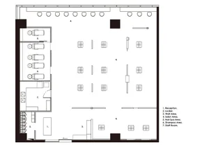 Floor plan of a modern hair salon with a reception desk, locker room, waiting area, salon stations, hair spa and shampoo area