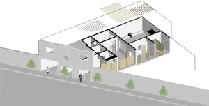 An architectural drawing of a modern interior space showing floor plan layout and design elements.