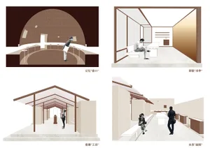 A view of the interior of a ceramic museum showcasing a memory kiln room, a tea ceremony pavilion, a porcelain workshop, and 
