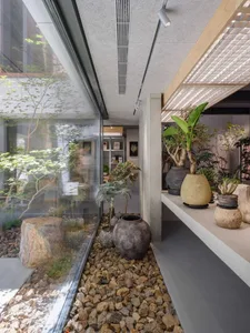 A modern living room featuring polished concrete flooring, rock garden, and various potted plants in decorative containers.