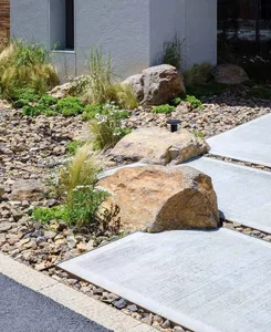 A modern front yard featuring natural stone landscaping with large rocks, small plants, and a concrete pathway.