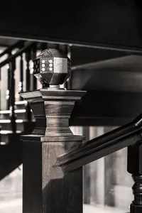 A modern metal staircase with decorative elements