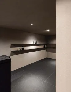 Minimalist bathroom with concrete walls and floor, featuring black shelves with black bottles and dispensers.