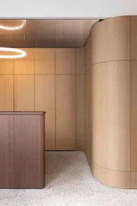 A minimalist office interior featuring wood paneling and curved surfaces.