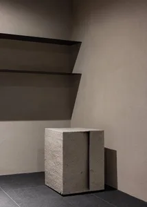 A modern interior design featuring a concrete shelf