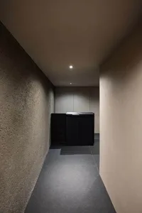 A minimalist corridor with concrete walls and a dark wooden cabinet in the center.