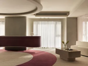 Modern living room with a minimalist design featuring a concrete coffee table and a curved red carpet.