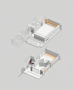 Modern living space layout diagram showing a floor plan of a contemporary home interior.