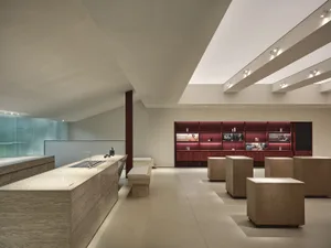 A sleek, modern retail storefront featuring metallic gray materials.