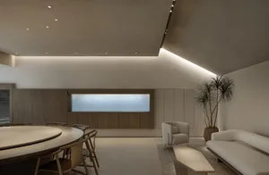 簡約風格的客廳，擺放圓形餐桌、餐椅、沙發、盆栽植物，並有良好採光。