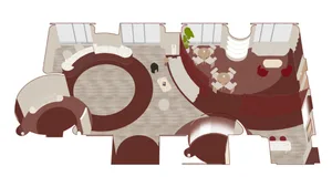 A modern office space with carpeted floors and wooden walls.