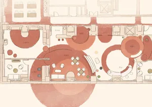 Playroom interior design blueprint showing furniture arrangements, areas for different activities and spaces for kids.