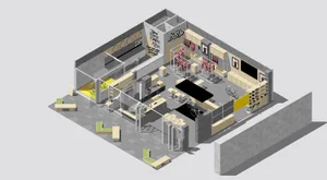 3D rendering of an industrial retail store with concrete flooring and minimalist design.