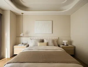 Contemporary minimalist bedroom with a beige upholstered headboard, wooden floor, and natural lighting from a window.