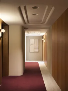 A minimalist corridor with wooden walls and a carpeted floor.