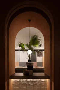 A modern living room with concrete tiles on the floor and a palm plant.