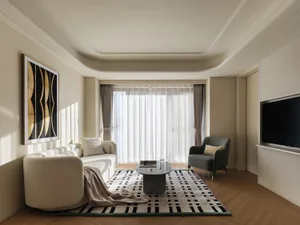 A modern living room featuring a cozy white sofa, a sleek marble coffee table, and a contemporary art piece on the wall, all 