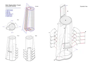 Axonometric drawing of a sculptural sofa, display tables, and carpet detailing.