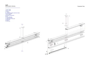 Exploded view of an industrial lighting assembly comprising various metallic components and screws.