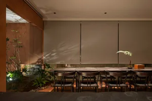 Minimalist interior design featuring wooden furniture and plants for a serene atmosphere.