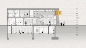 An expanded view of a modern animal shelter showcasing glass windows and interior design elements.