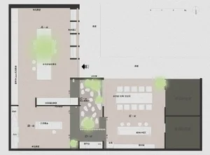 A floor plan of a modern office space showcasing the layout and functional zones.