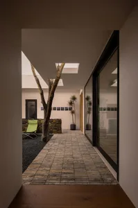 Modern residential hallway featuring brick and concrete flooring, with a central tree trunk and natural light.