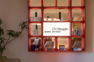Modern retail store with glass shelves displaying products