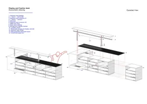 Axonometric drawing of an industrial display cabinet structure with metal materials, showing horizontal beams and vertical be