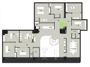 A technical drawing of a modern interior with neutral-colored walls and neutral-colored flooring.