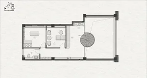 Grey-scale architectural drawing of an office space with a central lobby and various functional zones.